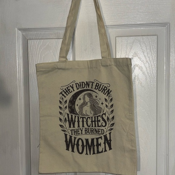 Dolls Kill Handbags - Cream Canvas Witchy Tote Bag with Black Print